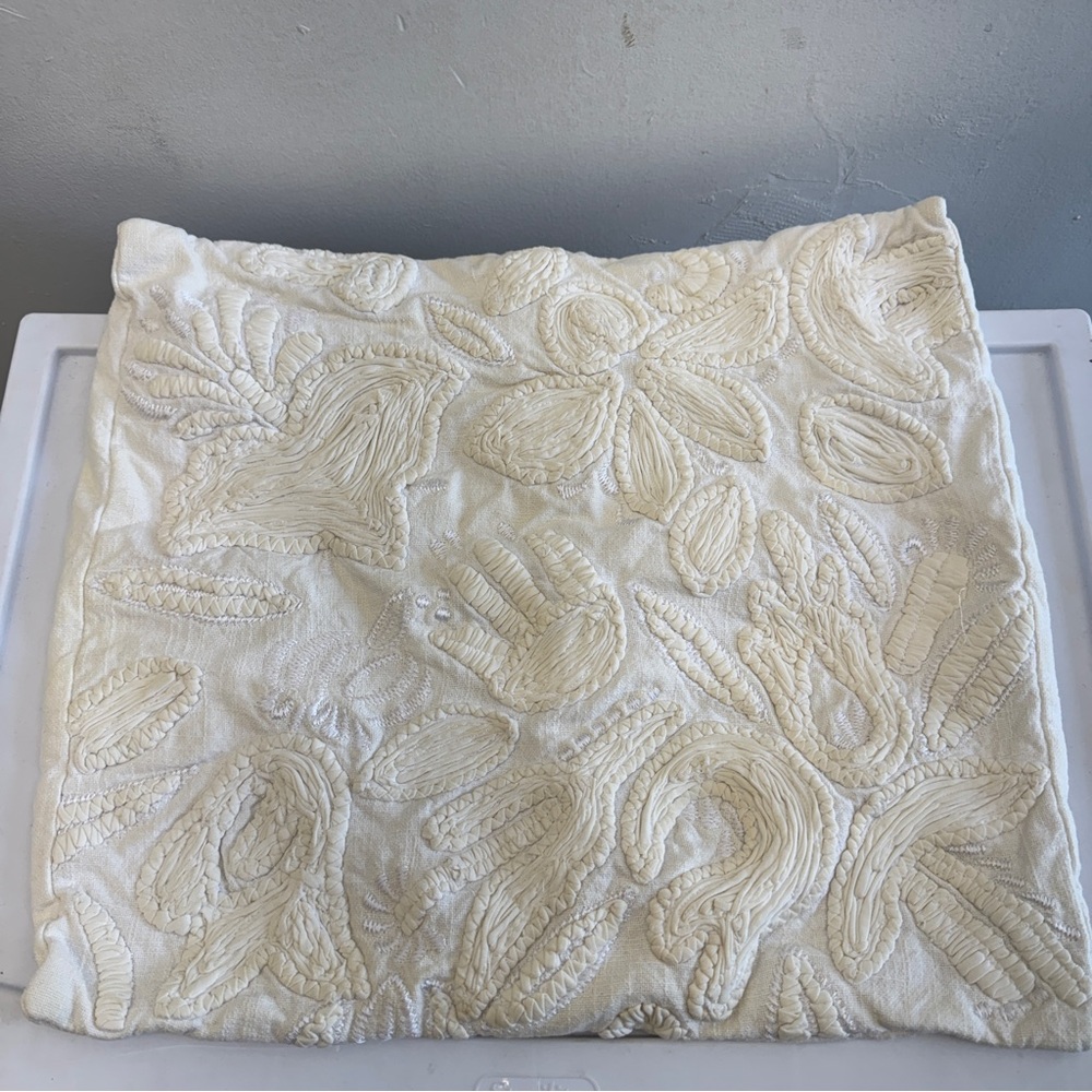 West Elm Embroidered Floral Pillow Cover Cream White Ivory 18x18" cottton Boho